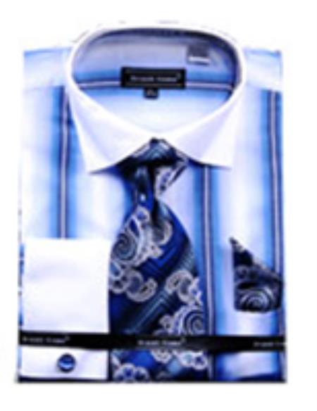 Mensusa Products Men's Stripe Pattern Two Tone French Cuff Shirt With Cuff Link Blue