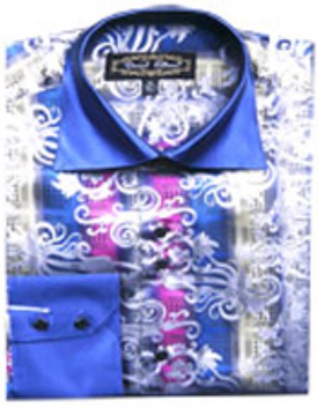 Mensusa Products Men's Fancy Shirts Blue/White (100% Polyester) Flashy Shiny Satin Silky Touch
