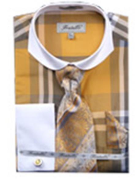 Mensusa Products Men's Checker Pattern French Cuff Shirt With Cuff Links Yellow