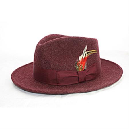 Mensusa Products Men's Burgundy Wool Fedora Hat /with Feather