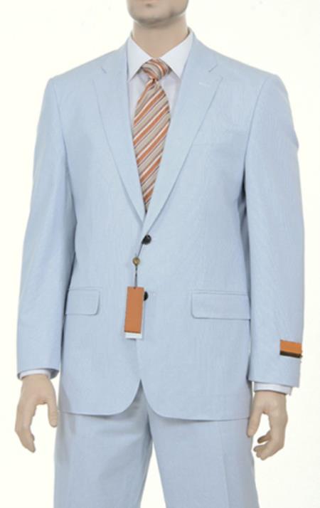 Mensusa Products Seersucker Style Fine Blue Pinstriped Spring Summer Weight Cotton Suit