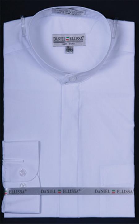 Mensusa Products Men's Banded Collar dress shirts without collars Mandarin White