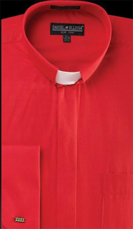 Mensusa Products Men's Banded Collar Clergy dress shirts without collars Mandarin - French Cuff Red