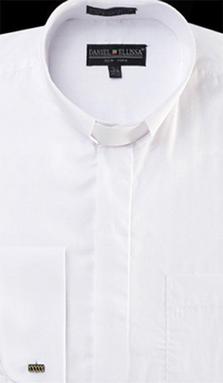 Mensusa Products Men's Banded Collar Clergy dress shirts without collars Mandarin - French Cuff White