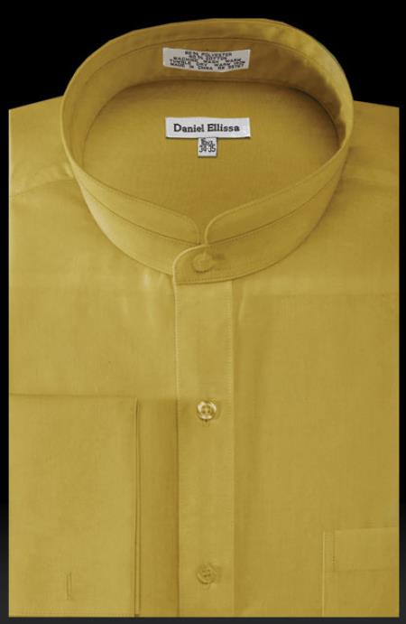 Mensusa Products Men's Solid Banded French Cuff dress shirts without collars Mandarin Mustard