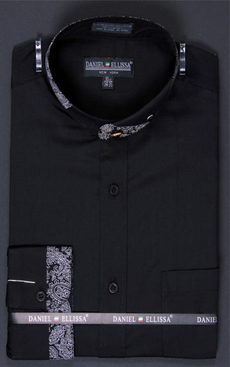 Mensusa Products Men's Banded Collar dress shirts without collars Mandarin Black