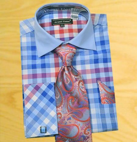 Mensusa Products Made In Italy Designer Mauri Blue / Pink / White Check Design Shirt / Tie / Hanky Set With Free Cufflinks