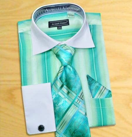 Mensusa Products Made In Italy Designer Mauri Bluish-Green / White Pinstripes Design Shirt / Tie / Hanky Set With Free Cufflinks
