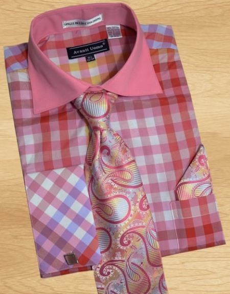 Mensusa Products Made In Italy Designer Mauri Fuschia / Gold / White / Red Check Design Shirt / Tie / Hanky Set With Free Cufflinks