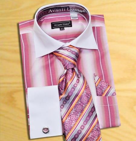 Mensusa Products Made In Italy Designer Mauri Fuschia / White Pinstripes Design Shirt / Tie / Hanky Set With Free Cufflinks