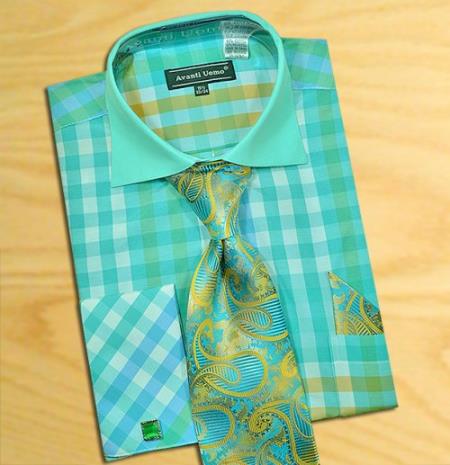 Mensusa Products Made In Italy Designer Mauri Mint Green / White Check Design Shirt / Tie / Hanky Set With Free Cufflinks