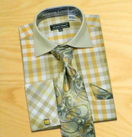 Mensusa Products Made In Italy Designer Mauri Olive / Gold / White Check Design Shirt / Tie / Hanky Set With Free Cufflinks