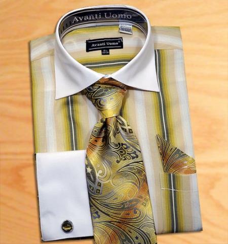 Mensusa Products Made In Italy Designer Mauri Olive / White Pinstripes Design Shirt / Tie / Hanky Set With Free Cufflinks