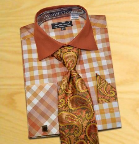 Mensusa Products Made In Italy Designer Mauri Rustic Brown / Brown / White Check Design Shirt / Tie / Hanky Set With Free Cufflinks