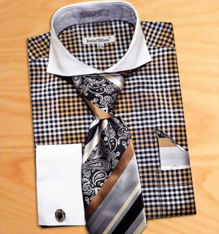 Mensusa Products Made In Italy Designer Mauri Tan / White / BlackWindowpanes Shirt / Tie / Hanky Set With Free Cufflinks