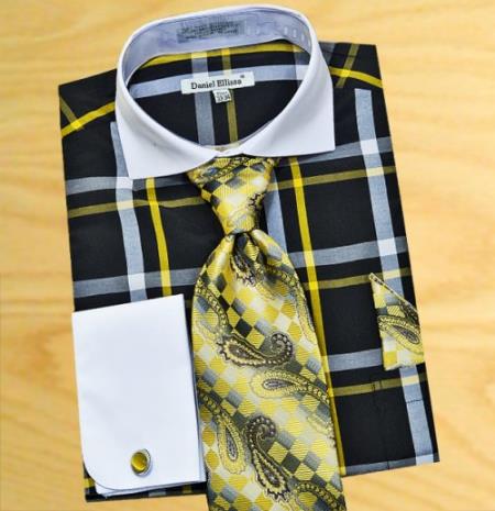 Mensusa Products Made In Italy Designer Mauri Black / Mustard / White Windowpanes Shirt / Tie / Hanky Set With Free Cufflinks