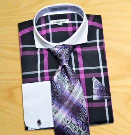 Mensusa Products Made In Italy Designer Mauri Black / Purple / White Windowpanes Shirt / Tie / Hanky Set With Free Cufflinks