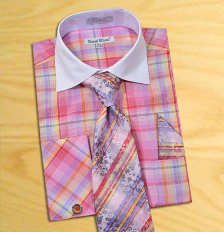 Mensusa Products Made In Italy Designer Mauri Fuschia / Gold / Lavender / White Check Design Shirt / Tie / Hanky Set With Free Cufflinks