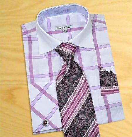 Mensusa Products Made In Italy Designer Mauri Lilac / White Windowpanes Shirt / Tie / Hanky Set With Free Cufflinks