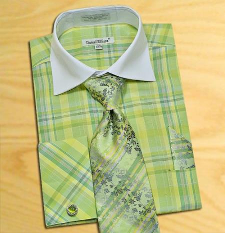 Mensusa Products Made In Italy Designer Mauri Lime Green / White Check Design Shirt / Tie / Hanky Set With Free Cufflinks