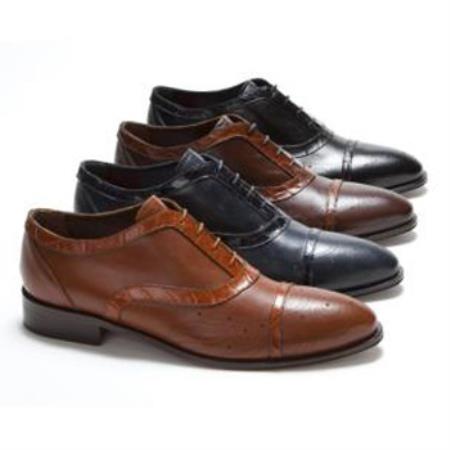 Mensusa Products Made In Italy Designer Mauri Torino Calfskin & Alligator Cap Toe Shoes Cognac, Navy Blue,Sport Rust And Black