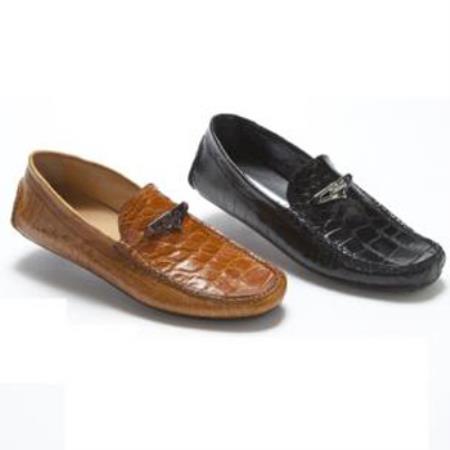 Mensusa Products Made In Italy Designer Mauri Lugano Ostrich Leg & Alligator Driving Bit Loafers Cognac And Black