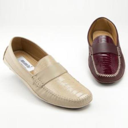 Mensusa Products Made In Italy Designer Mauri Maranello Nappa & Ostrich Leg Loafers Champagne And Ruby Red