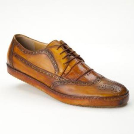 Mensusa Products Made In Italy Designer Mauri Brogue Alligator & Calfskin Wingtip Shoes Whiskey