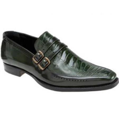 Mensusa Products Made In Italy Designer Mauri Calfskin & Ostrich Leg Monk Strap Loafers Green