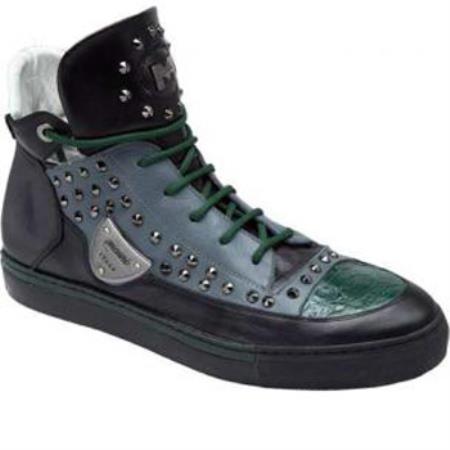 Mensusa Products Made In Italy Designer Mauri Jungla Nappa & Crocodile Sneakers Black/Gray/Green