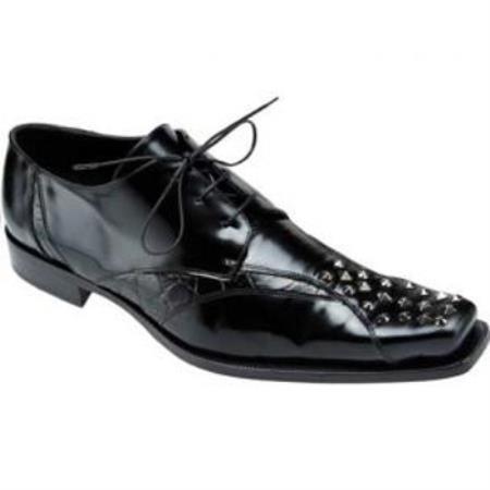 Mensusa Products Made In Italy Designer Mauri Avanguardia Shiny Calfskin & Alligator Shoes Black