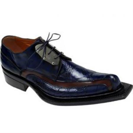 Mensusa Products Made In Italy Designer Mauri Leone Calf & Alligator Shoes Blue/Cognac