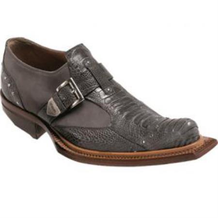 Mensusa Products Made In Italy Designer Mauri Faraone Suede & Ostrich Leg Monk Strap Shoes Gray
