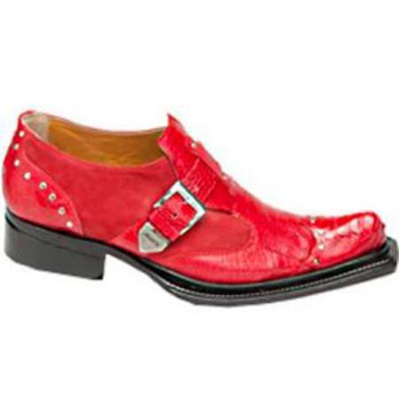 Mensusa Products Made In Italy Designer Mauri Faraone Suede & Ostrich Leg Monk Strap Shoes Red