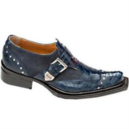 Mensusa Products Made In Italy Designer Mauri Faraone Suede & Ostrich Leg Monk Strap Shoes Wonder Blue