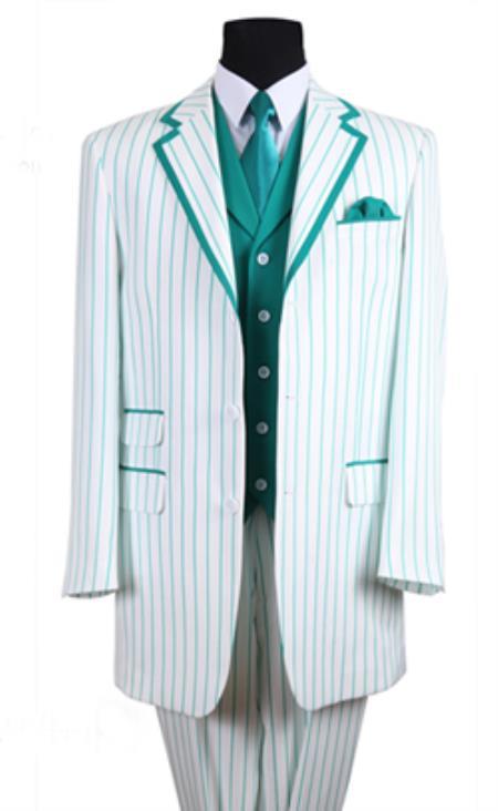 Mensusa Products Mens 3 Button Single Breasted 35 Inch White/Turquoise Seersucker Pinstriped Tuxedo Look Vested 3 Piece