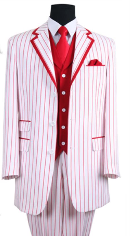 Mensusa Products Mens 3 Button Single Breasted 35 Inch White/Red Seersucker Pinstriped Tuxedo Look Vested 3 Piece