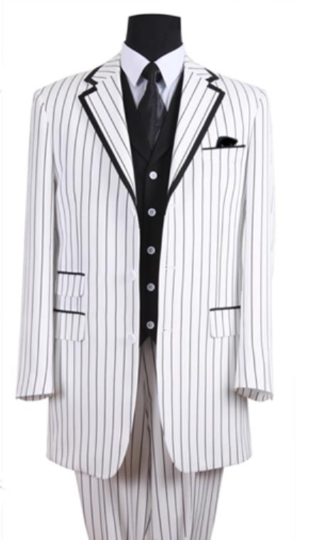 Mensusa Products Mens 3 Button Single Breasted 35 Inch White/Black Seersucker Pinstriped Tuxedo Look Vested 3 Piece