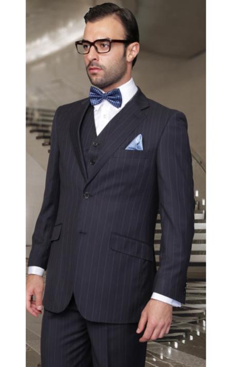 Mensusa Products Statement Pinstripe Navy 3 Piece Suits Regular Fit Pick Stitched Pleated Pants 2 Button Jacket