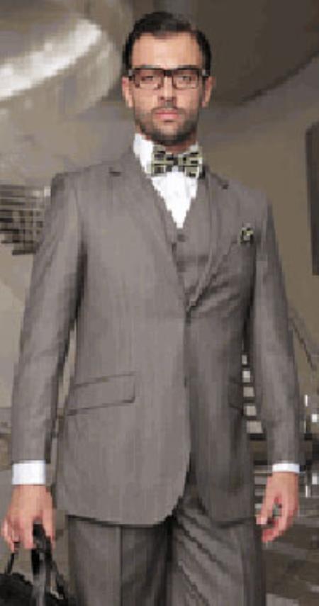 Mensusa Products Statement Pinstripe Taupe 3 Piece Suits Regular Fit Pick Stitched Pleated Pants 2 Button Jacket