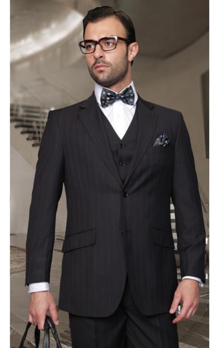 Mensusa Products Statement Pinstripe Black 3 Piece Suits Regular Fit Pick Stitched Pleated Pants 2 Button Jacket
