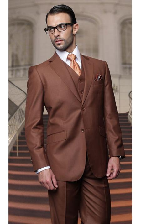 Mensusa Products Statement Pinstripe Copper 3 Piece Suits Regular Fit Pick Stitched Pleated Pants 2 Button Jacket