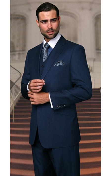Mensusa Products Statement Pinstripe Indigo Blue 3 Piece Suits Regular Fit Pick Stitched Pleated Pants 2 Button Jacket