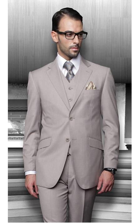 Mensusa Products Statement Pinstripe Tan 3 Piece Suits Regular Fit Pick Stitched Pleated Pants 2 Button Jacket
