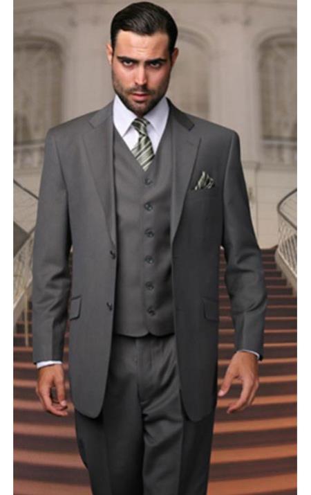 Mensusa Products Statement Pinstripe Oxford Gray 3 Piece Suits Regular Fit Pick Stitched Pleated Pants 2 Button Jacket