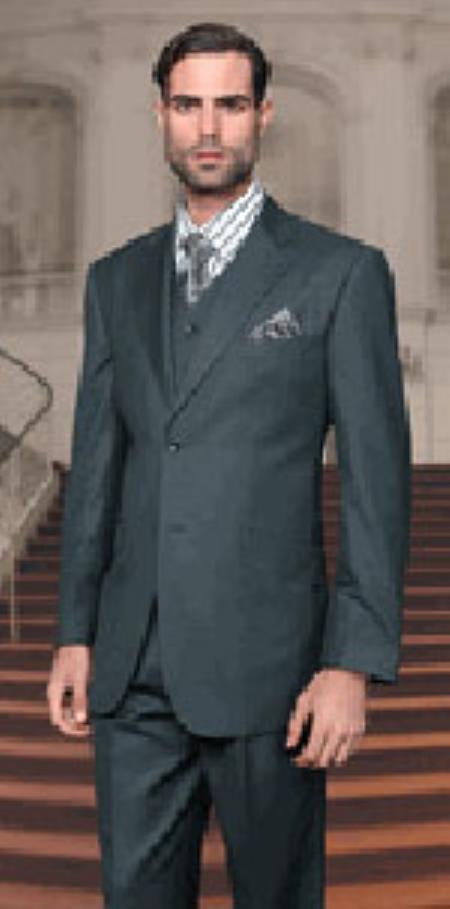Mensusa Products Statement Pinstripe Hunter Green 3 Piece Suits Regular Fit Pick Stitched Pleated Pants 2 Button Jacket