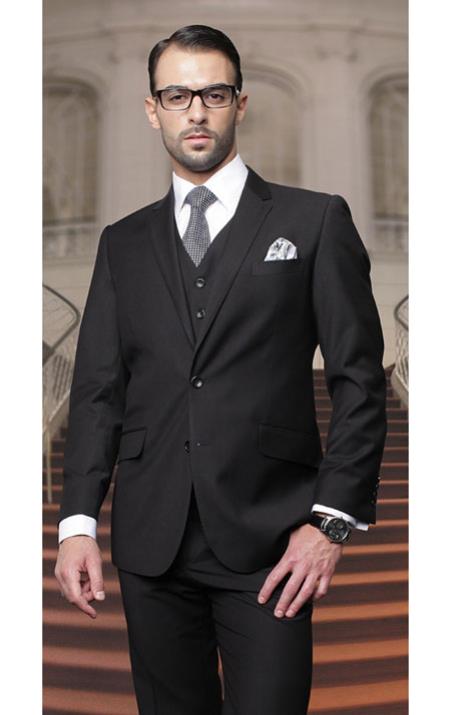 Mensusa Products Statement Pinstripe Solid Black 3 Piece Suits Regular Fit Pick Stitched Pleated Pants 2 Buttton Jacket