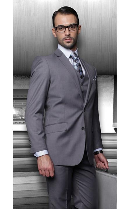 Mensusa Products Statement Pinstripe Charcoal 3 Piece Suits Regular Fit Pick Stitched Pleated Pants 2 Button Jacket