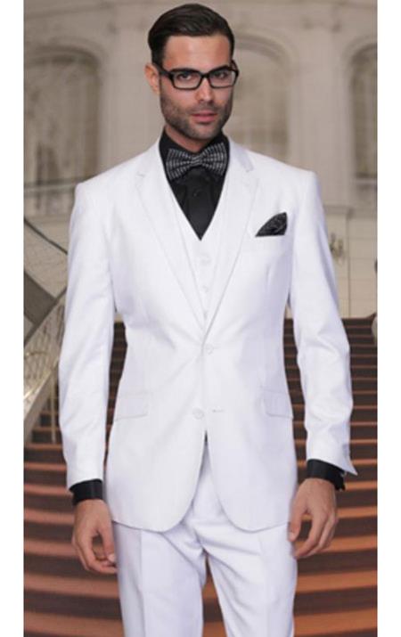 Mensusa Products Statement Pinstripe Solid White 3 Piece Suits Regular Fit Pick Stitched Pleated Pants 2 Button Jacket