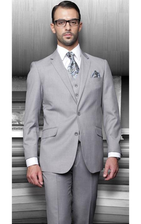 Mensusa Products Statement Pinstripe Solid Gray 3 Piece Suits Regular Fit Pick Stitched Pleated Pants 2 Button Jacket